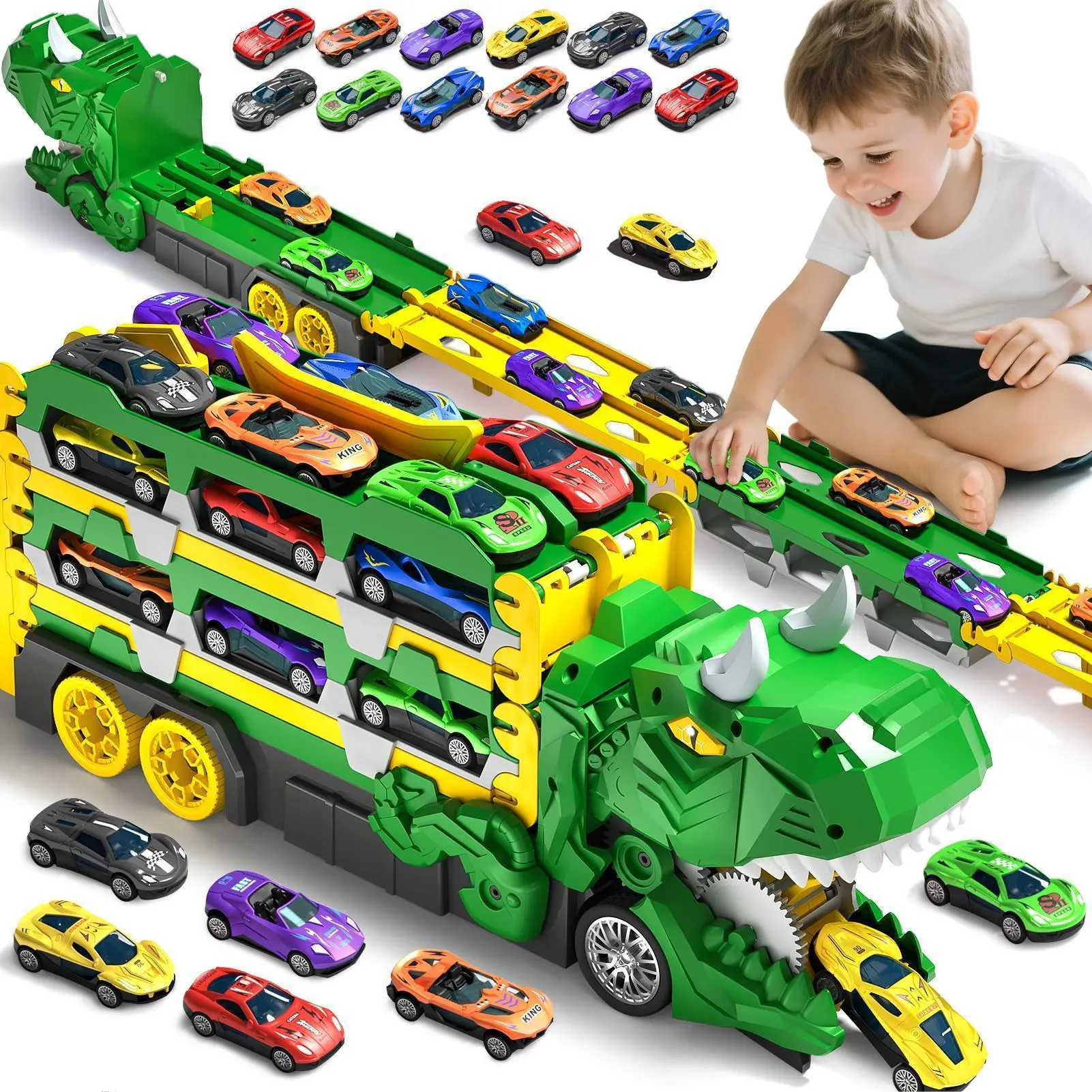 Dinosaur Truck Toy Set - Unisex Multifunctional Transforming Dinosaur Transport Truck, Foldable Dual Sliding Tracks, 12 Mini Racing Cars, Ideal Kids' Birthday Gift