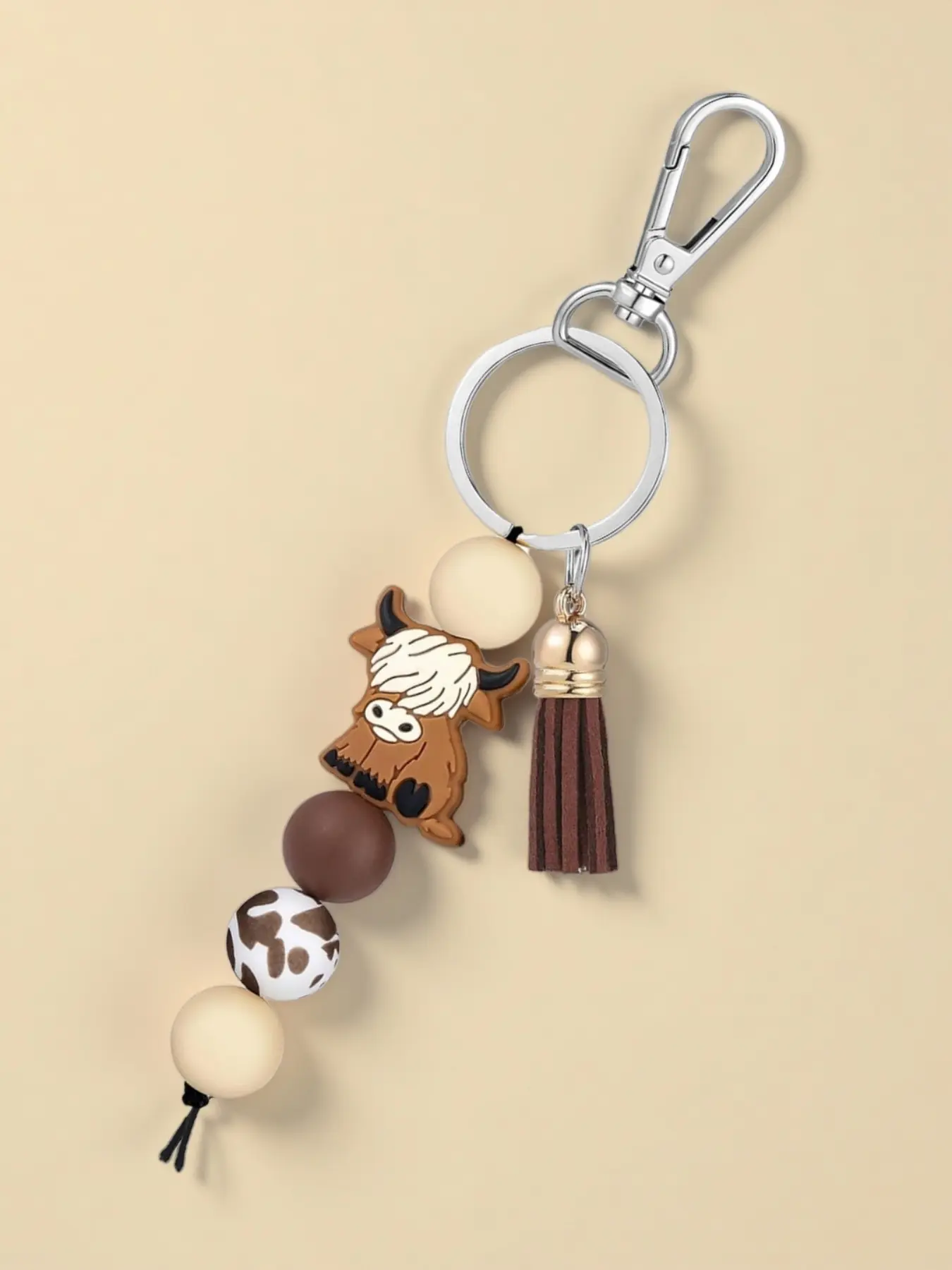 Highland Cow Silicone Beaded Keychain with Tassel, Cute Cartoon Punk Style, Animal Theme, Lobster Clasp, Ideal Gift for Friends, Trendy Cute Keychain, Stylish Keychain, Tassel Decorated Keychain, Animals Keychain Decor, Cute Keychains For Car Keys