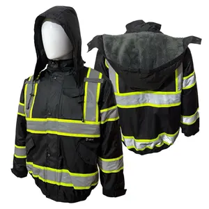 High Visibility Black Reflective Safety Rain Jacket with Sherpa Insulation Water Resistant with Removable Hoodie
