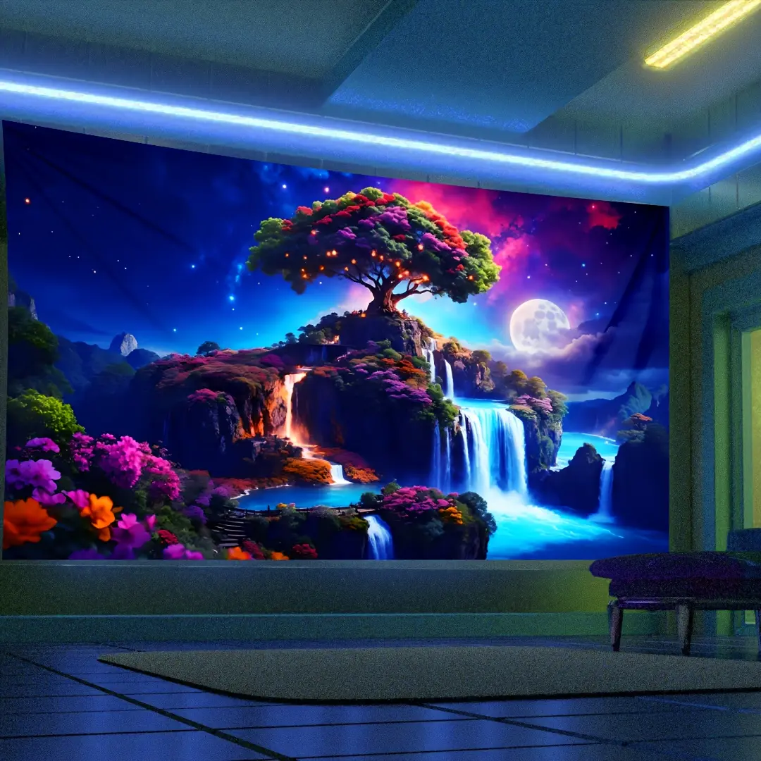 1-Piece Glow-in-the-Dark Artistic Tapestry - Tree and Waterfall Design, Polyester Woven, No Installation Required, Ideal for Dorm or Living Room Home Decor, Tapestries, Artistic Tapestry Tapestries