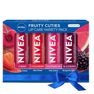 NIVEA Lip Care, Fruity Tinted Lip Balm Variety Pack, Cherry, Strawberry, Blackberry and Watermelon Flavors, 3-in-1 Moisture, Repair and Color, 0.17 Oz Stick, Pack of 4