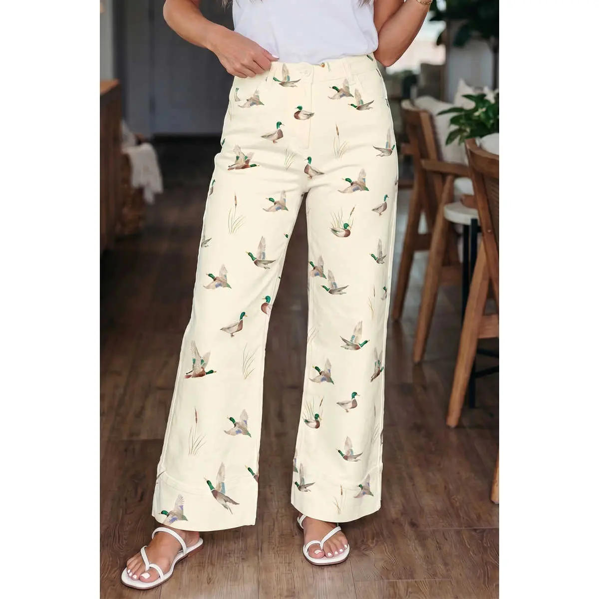 Women's Wide-Leg Jeans with Mallard Duck Print, Relaxed Fit Stretch Denim with a Statement Cuffed Hem, Vintage Streetwear Vibe, Street Style, Button