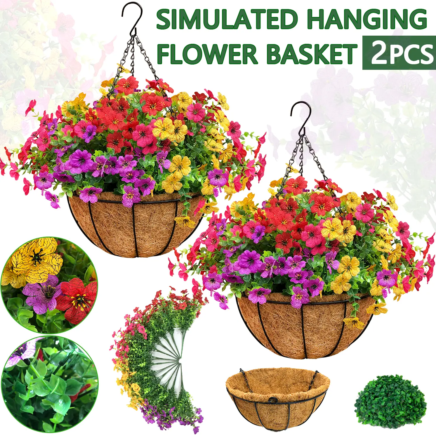 2 Pcs Artificial Hanging Flower Baskets with 24 Realistic Daisies & Eucalyptus - UV-Resistant for Porch Patio Balcony Yard Indoor Outdoor Decor outdoorfun