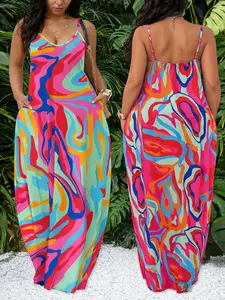 Plus Size Retro Swirl Print Maxi Dress - Sleeveless Spaghetti Strap Summer Beach Dress Mixed Color sundress vacation dresses bouncy dresses Boho Bohemian Casual Womenswear