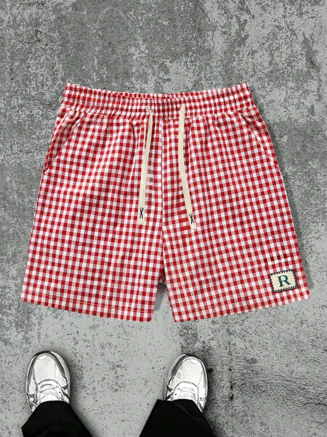 Unisex Red Gingham Check Shorts, Chic Casual Shorts, R Patch Casual Drawstring Waist Shorts, Preppy Streetwear, Summer Beach & Vacation Outfit, Daily Wear, Retro Y2K Fashion, Perfect Gift for Him & Her, Graphic Checkered, Drawstring Waistband Shorts