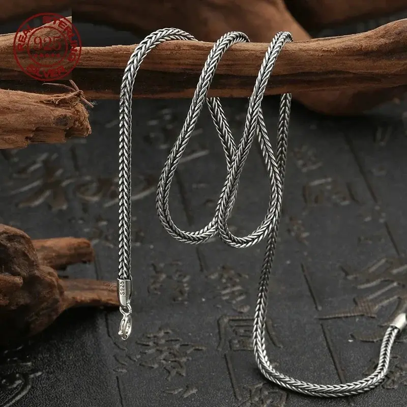 Pure S925 Sterling Silver Bright Classical Chopin Link Weave Fox Tail Pendant Chain Necklace 1.6mm Thick Men Woman Fine Jewelry
