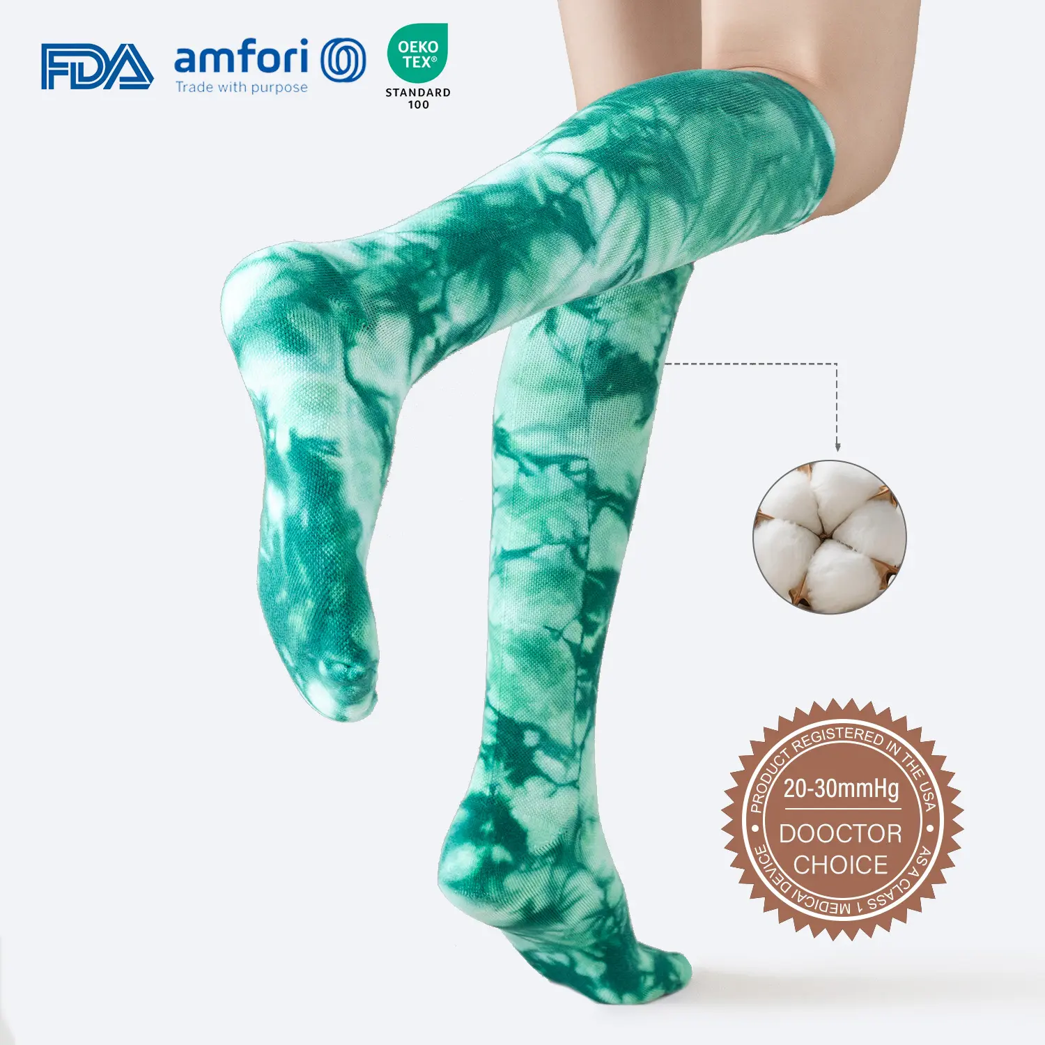 Isunie 20-30 mmHg Graduated Support Compression Stockings for Adults, FDA Registered, Durable Breathable Nylon-Cotton Blend, Targeted Cushioning, Closed Toe Design, Silicone Grip, Ideal for Hiking, Running (L/XL), Long Socks