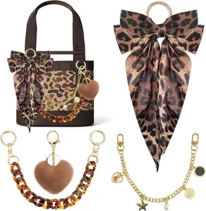 4PCS Tote Bag Decor Kit, Bow Decorative Chain Charms, Pom Pom Accessories, Compatible with 20/35/50 Bogg Beach Tote Bags Accessories for Girls Women (CamoBrown)
