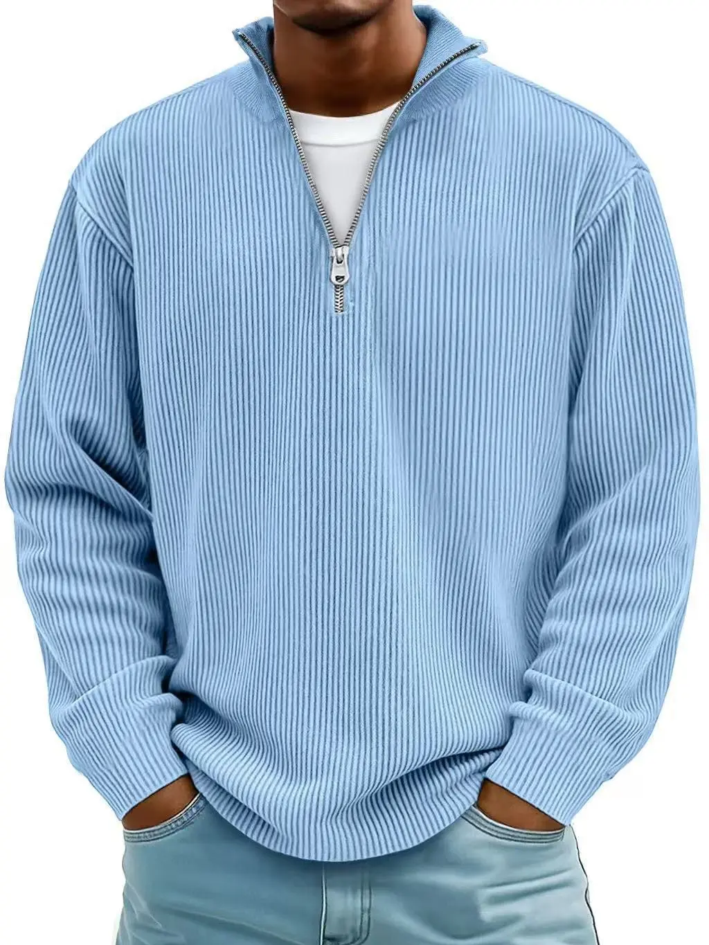 Menswear Corduroy Sweatshirt, Stylish Plain Stand Collar Quarter Zip Pullover, Loose-fit Longsleeve for Fall & Winter, Longsleeves, Polyester