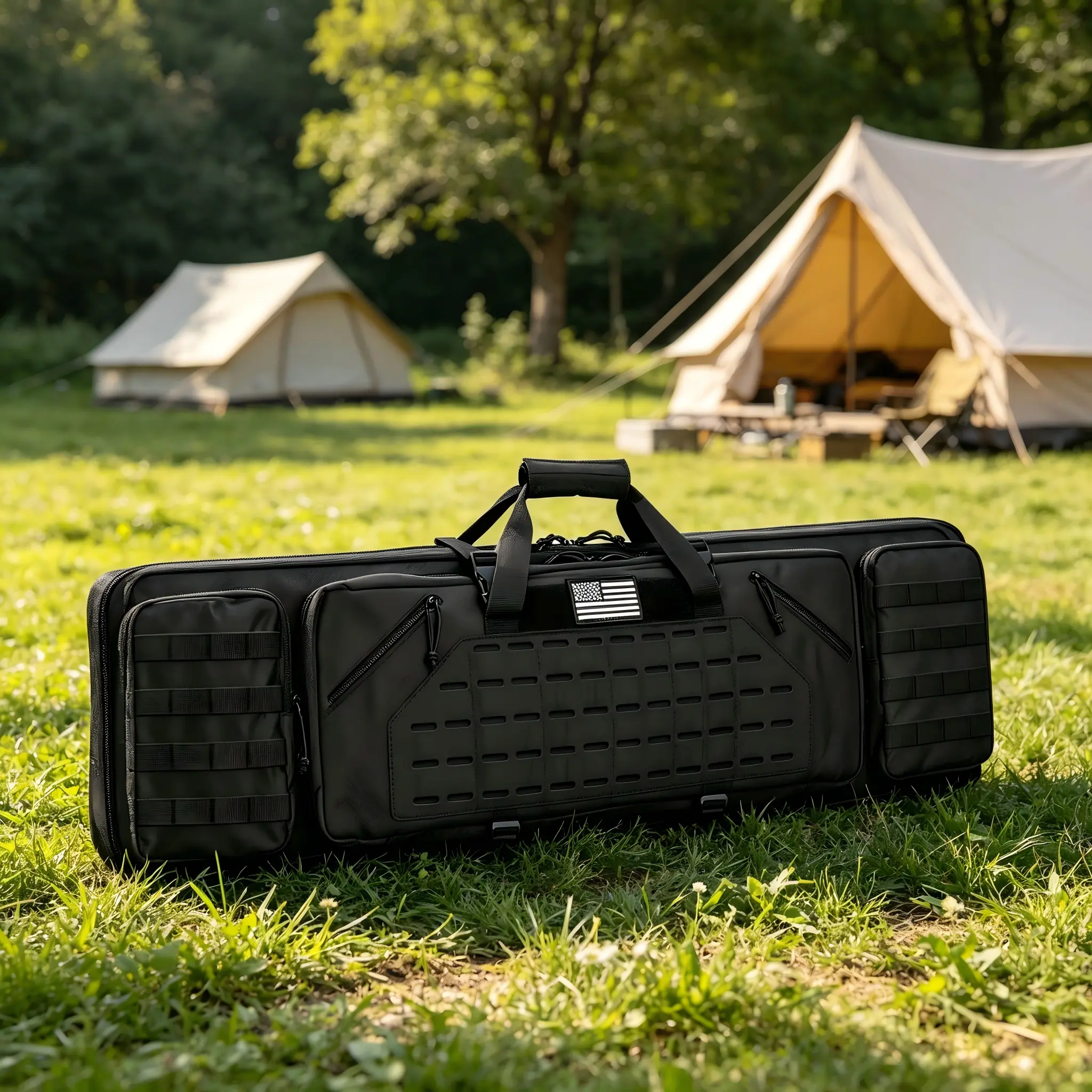 Outdoor Tactical Equipment Double Storage Bag - Lockable Zipper, Adjustable Backpack Strap, Portable Soft Carry Bag for Hunting, Shooting, 42" L X 12" H, Lockable Zippers, Gun Transport, Heavy-Duty Nylon, Large Size, Molle Grid, Double Compartment