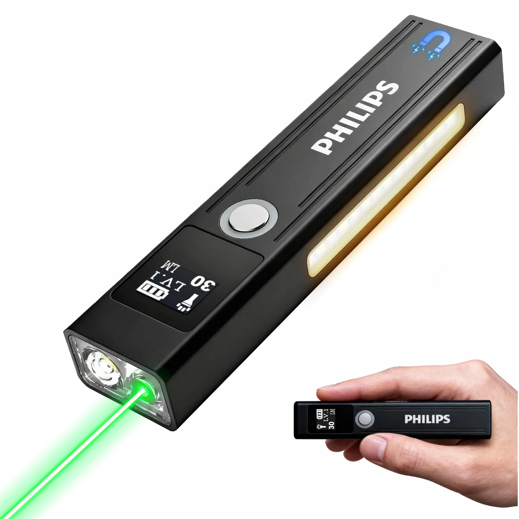 Philips SFL6256 Unisex Portable Aluminum Alloy Rechargeable LED Flashlight - 1200 Lumens High-Power, Compact, Magnetic Back, Side Light, Waterproof, 9 Modes, Emergency Flashlight Lighting for Outdoor Camping, Hiking
