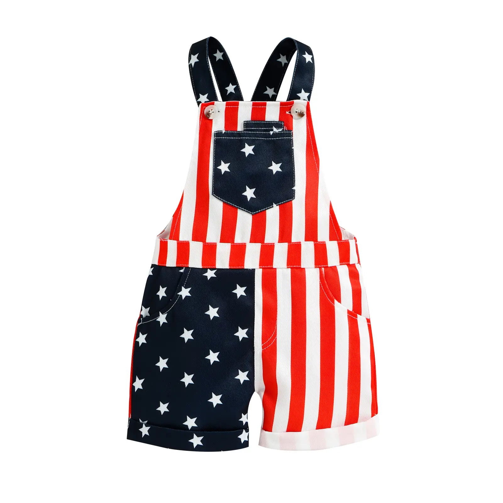 American Flag Suspender Romper for Baby Boys, Cotton Blend Star Stripe Print Independence Day Outfit with Pocket for Infants, Infant Baby