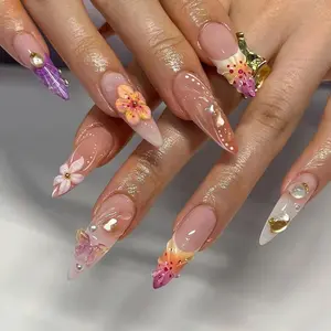 Spring Blossom Press On Nails | Garden Elegance Nail Art | Floral And Pearl Press Ons | Hand-Painted Floral Fantasy Acrylic Nails