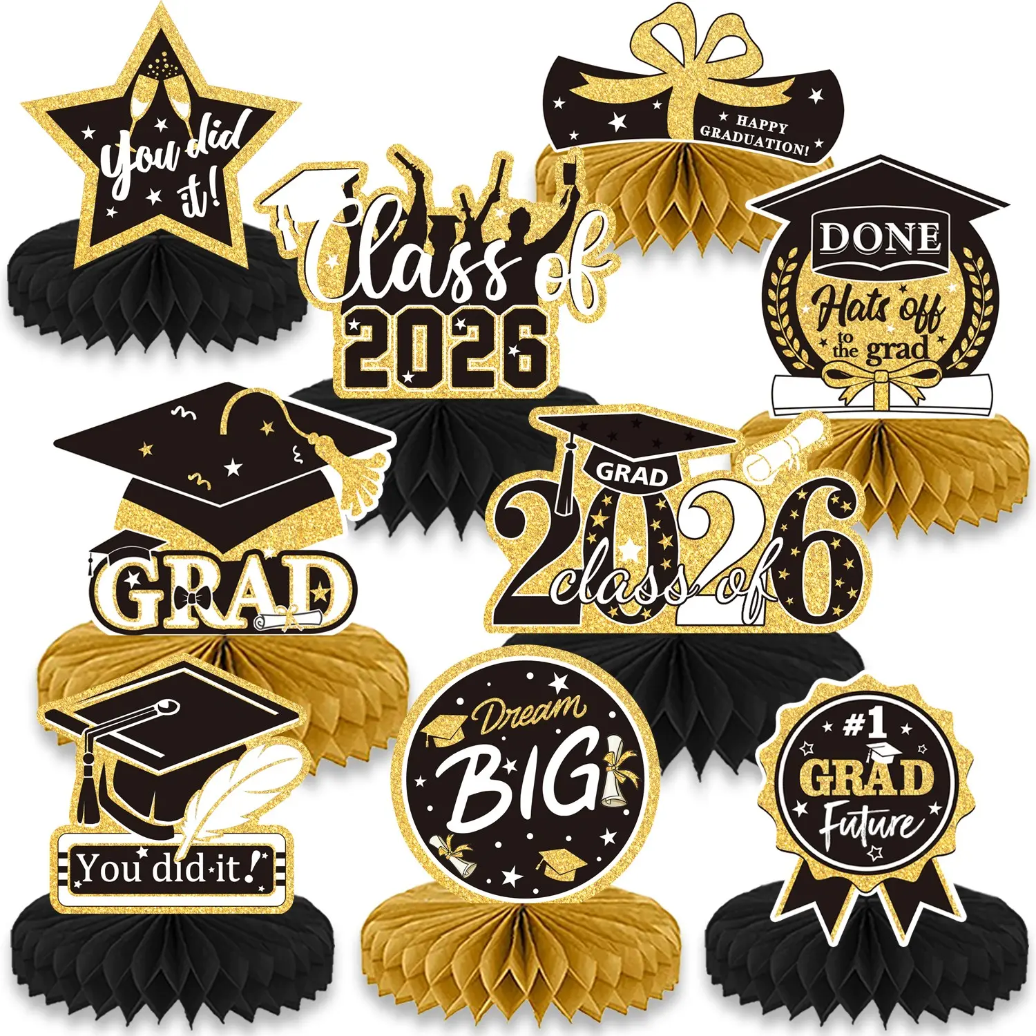 9PCS Black Graduation Party Decorations Party Set Party Pack Class of 2026 Congrats Grad Honeycomb Centerpieces Black Congratulate Table Toppers for Grad Party Favors Party Favor Supplies Party Event Props