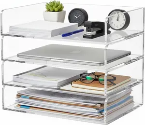 4 Tier Acrylic Paper Organizer Letter Tray, Heavy Duty Stackable Clear Desk File Organizer Paper Holder Sorter for A4 Documents, Fits Office Classroom Home for File Pad Notebooks