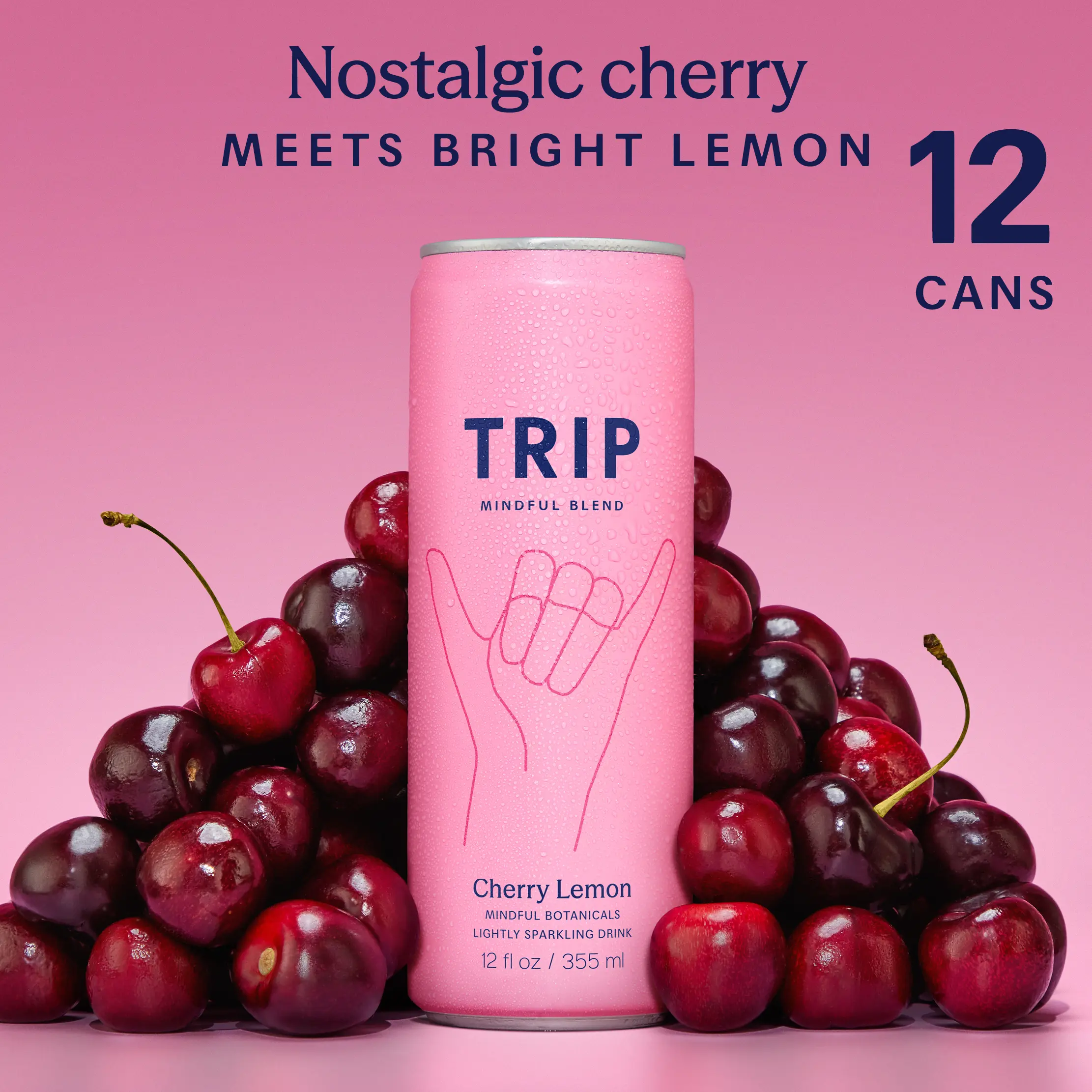 TRIP Cherry Lemon Sparkling Magnesium Drink — 120mg Magnesium, Lion's Mane, Chamomile & Lemon Balm, Non-Alcoholic, No Added Sugar, Vegan (12-Pack, 12oz)