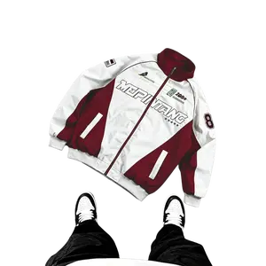 Men's American Retro Patchwork Racing Jacket - Burgundy Color-Block, Long Sleeve Stand Collar Casual Outerwear, Menswear Tops Coats