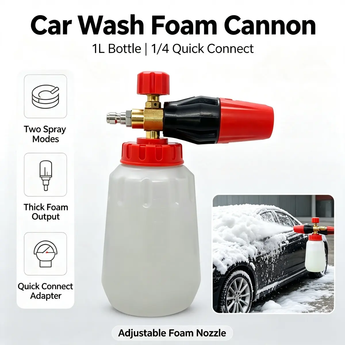 34Oz / 1L Foam Cannon for Pressure Washer, Car Foam Blaster with Brass Nozzle Core, 2 Modes Adjustable Spray Nozzle Wide Base Anti‑Clog Foam Sprayer for Car Motorcycle SUV Floor Window Driveway Cleaning, 1/4" Quick Connector, 750‑4000 PSI - White