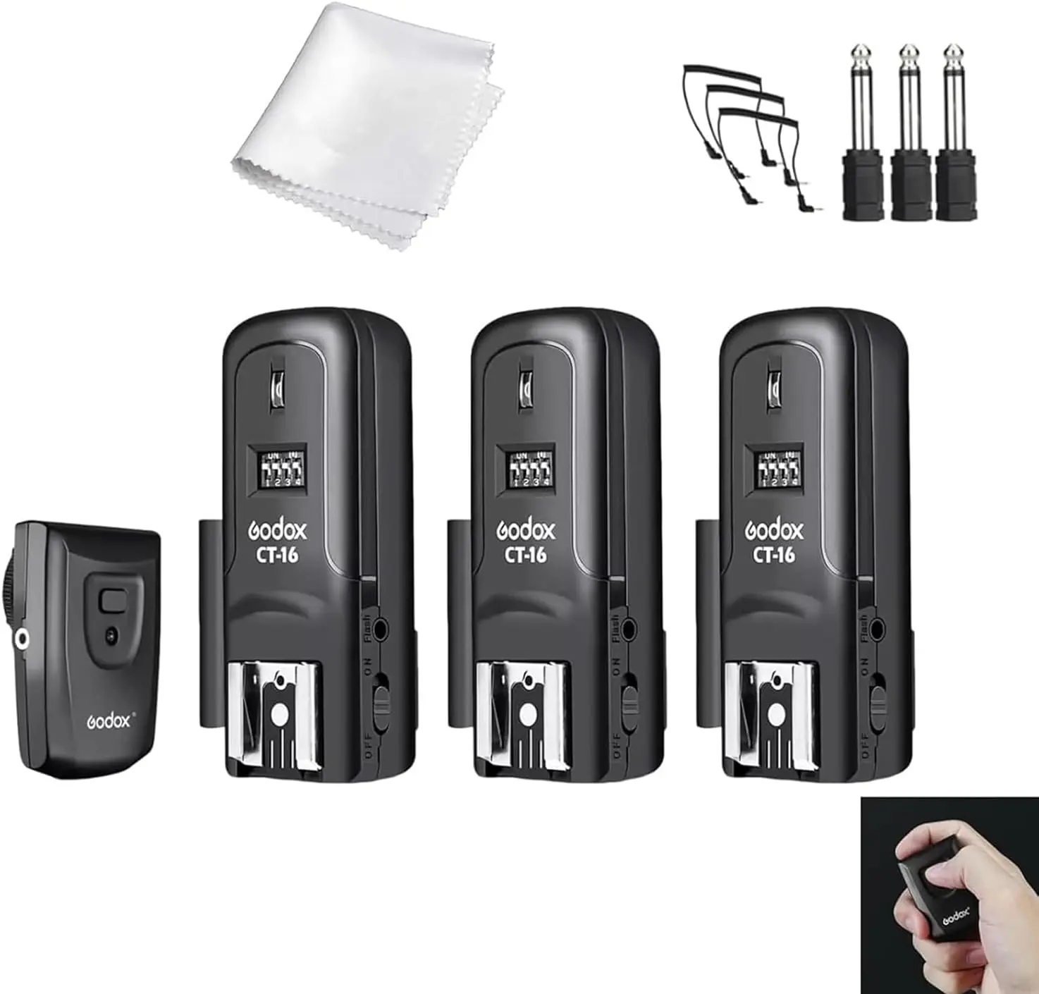 Godox CT-16 Wireless Radio Flash Trigger Receiver Kit - 16 Channel, 433MHz, Portable, 1 Transmitter + 3 Receivers, Compatible with Canon Nikon Pentax DSLR Cameras, Lights Accessories with Plug & Cord
