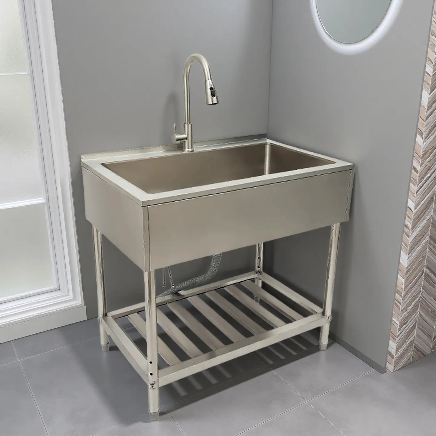 CNCEST Modern Rectangular Stainless Steel Single Bowl Sink, 35.8x21.8in Freestanding Kitchen & Commercial Utility Sink with Adjustable ft - Dual-Tap Faucet, Suitable for Restaurants, Outdoor Use