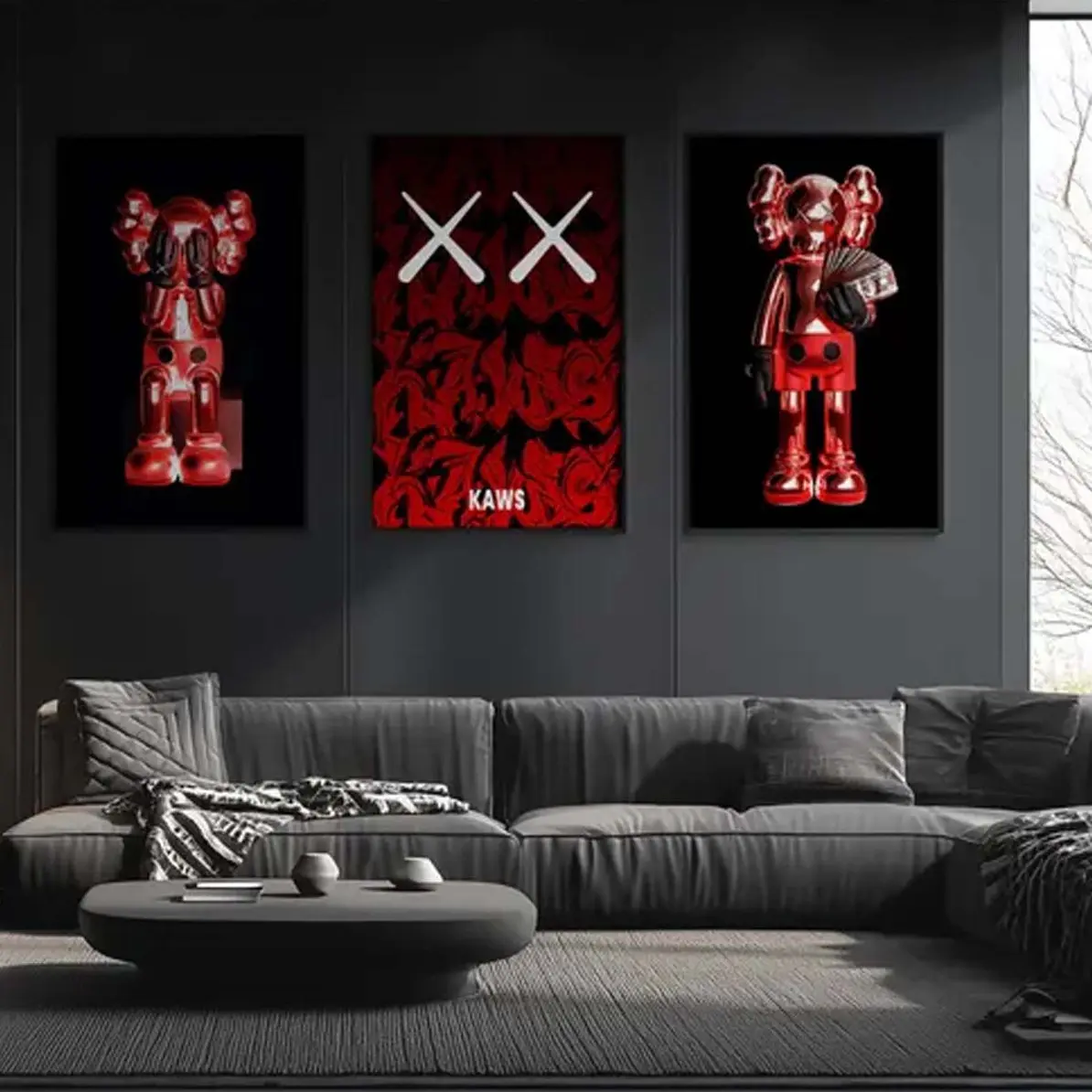 Set of 3 Red KAWS Graffiti Home Decor Poster Unframed HD Print Home Office Decor Unique Trendy Christmas Gift