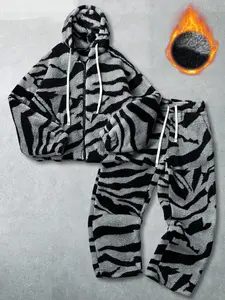 Men's Zebra Print Fleece Sportswear Set, Street Hip-Hop Style, Casual Comfy Sporty, Warm Fashion Design, Suitable for Campus, Outdoor, Daily Wear, Streetwear Tracksuit Set