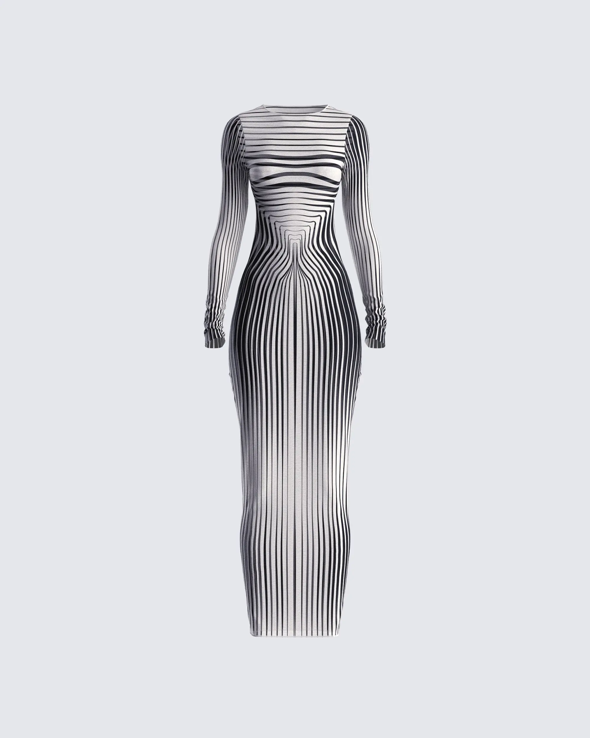 Women's Amina Long-Sleeve Formal Dress - Multi-Optical Illusion Print, Crew Neck, Stripe Accents, Polyester-Spandex Blend, Bodycon Formal Wear