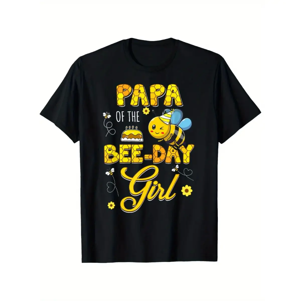 Men's "Papa of the Bee-Day Girl" T-Shirt, Casual  Graphic Top with Round Neck and Short Sleeves for Birthday Party, Cargo, Shortsleeve, Menswear, Tops