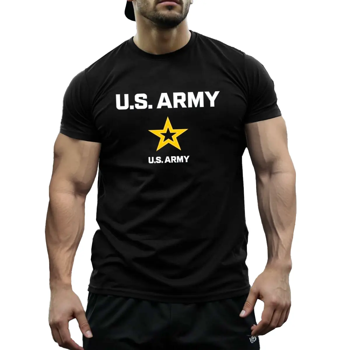 Military U.S. Army Graphic T-Shirt for Men, Black with Yellow Print Heavyweight  Cotton Crew Neck, Breathable Tactical Tee for Gym or Outdoor, All-Season Casual Outfit for Everyday Wear
