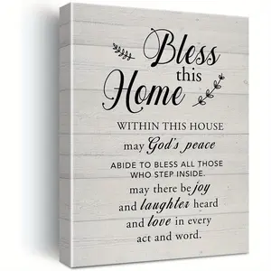 1pc Framed 2D Flat Canvas Print Wall Art - 'Bless This Home' Uplifting Quote Spiritual Home Decor, Multi-Size Wood Frame Rustic Living Room Decor, Ideal Housewarming Gift