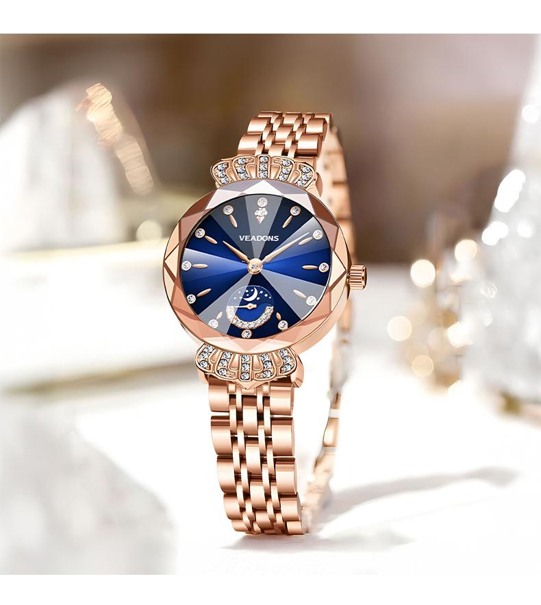 Ludmila Luxury Women's Jewelry Watch Diamond Cut Crystal Stainless Steel Waterproof Moon Star Sun Design Elegant Wristwatch Anniversary Gift for Her