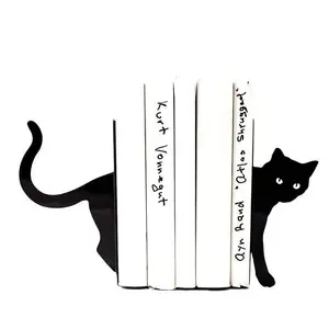 1 Pair of Metal Books Ends Decorative, Cat Bookends Cute for Bookshelf, Bookshelf Accessory, Unique Heavy Books Holder, Black Office Decor Cat Desk Accessories, Office Decoration, Desk Organizer
