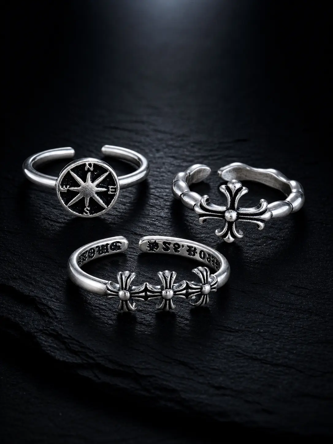 3-Piece Chunky Ring Set , Retro Silver Tone Adjustable Stackable Cross & Compass Fashion Rings, Casual Vintage Jewelry, Adjustable Stackable Ring, Casual Ring