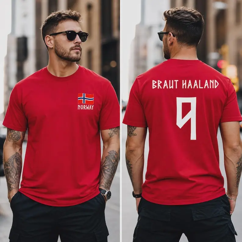 Erling Haaland Norway Soccer T-Shirt – Norwegian Football Star Graphic Tee, Norway Flag Game Day Shirt, WC 2026 Fan Apparel, Premium Cotton Unisex Sports Shirt, Gift for Football Fans