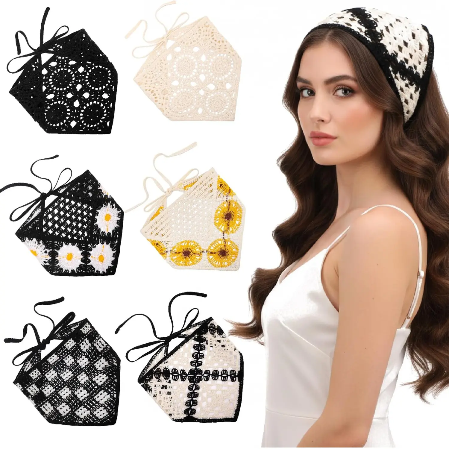 Women's 6-Pack Crochet Bandana Headbands - Knitted Fabric, Breathable Soft Crochet Work, Daisy Print Tie-Back Hair Wraps for Casual Outings, 1 Size Fit