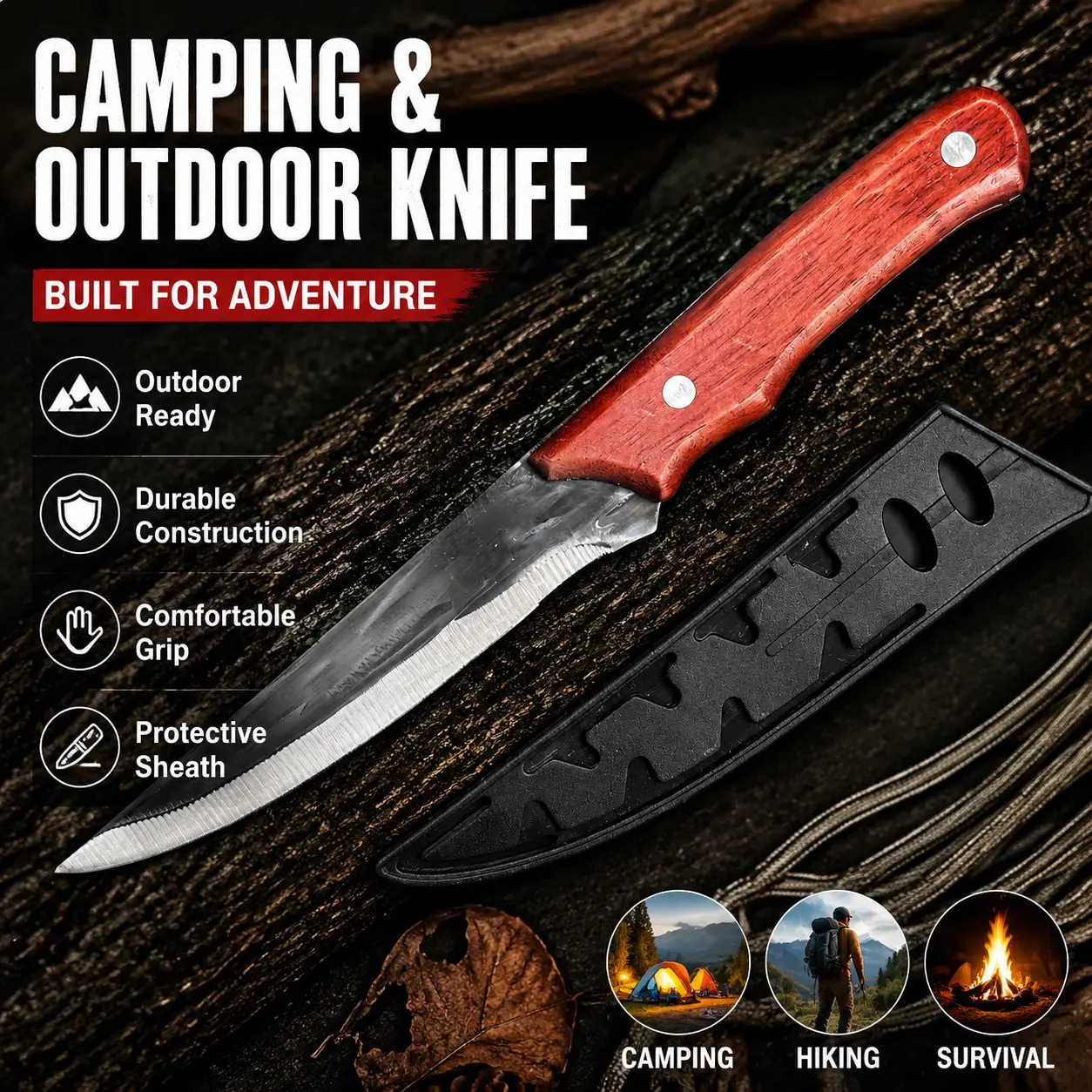Meat Bone Cleaver Knife with 15° Hammered Stainless Steel Blade and Ergonomic Wood Handle for Outdoor Camping & Meat Cutting, Knives