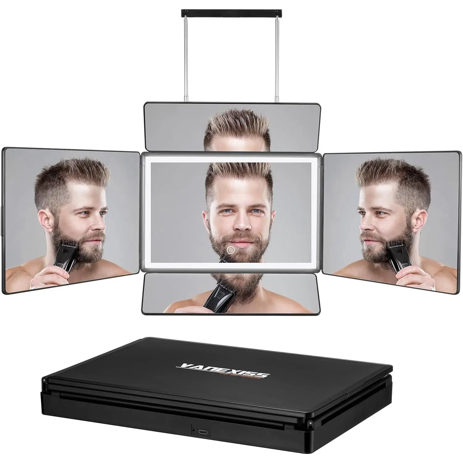 Rechargeable 5 Way Mirror for Hair , Real Glass Adjustable Trifold Mirror with Light & Telescoping Hooks for Makeup & Styling - Portable DIY Tool to Cut, Trim or Shave Your  & Neckline