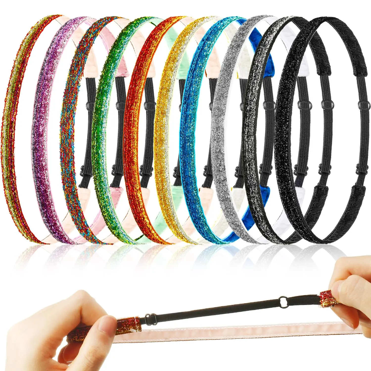 L-HDW053 10 Pcs Glitter Non Slip Running Headbands Elastic Girls Sports Velvet Sparkly Fabric Stretchy Shiny Headbands Pack Workout Fashion Hair Accessories for Teen Girl Women Party Favors(0.4 Inches/ 1 cm)