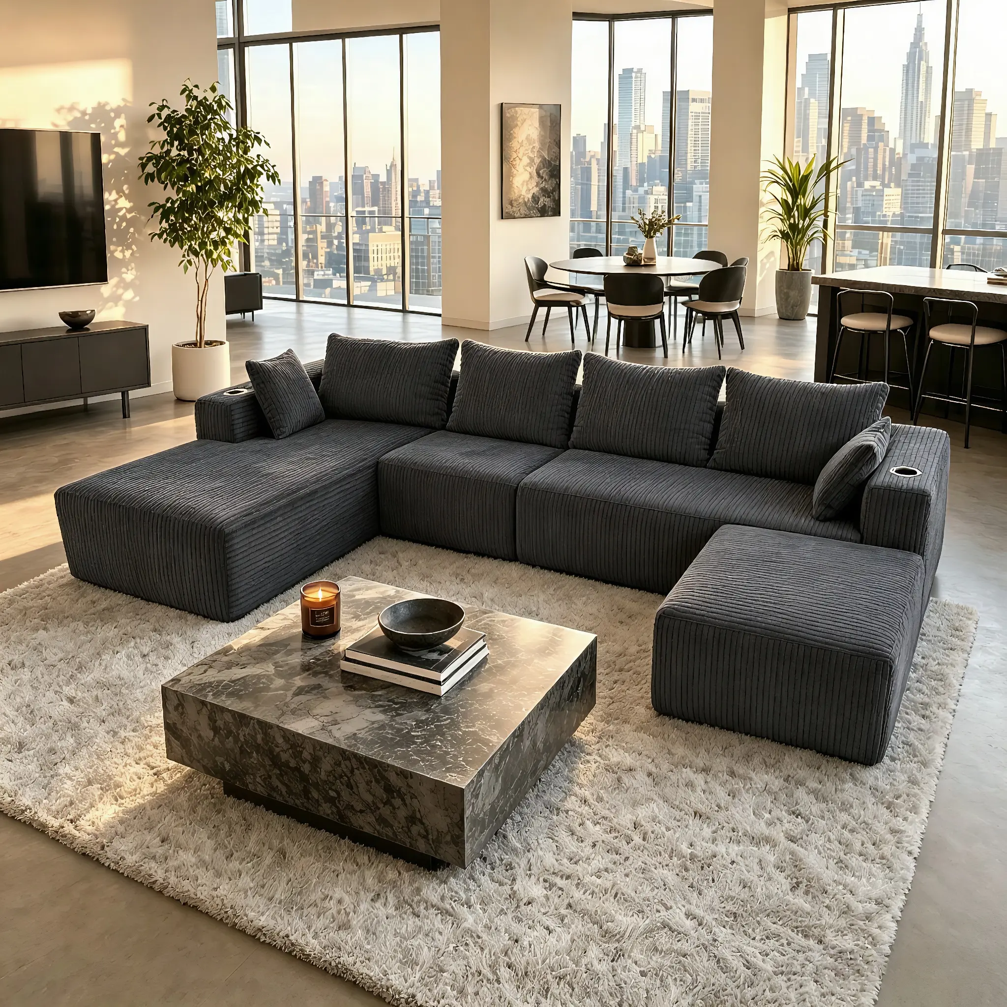 118" U-Shaped Modular Sectional Sofa with Chaise, Boneless Comfy Corduroy Fluffy Couch with Deep Seat and Side Pockets, Flexible Module Combination for Living Room, No Assembly, Side Pockets