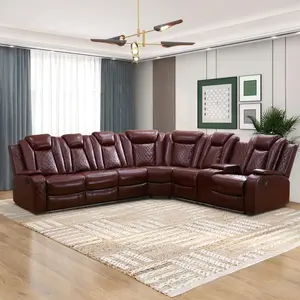 Power Recliner Sectional Sofa with LED Light, Breathing Leather Recliner Sofa Couch with Storage/Cup Holder for Living Room Home Office Theater (Red)