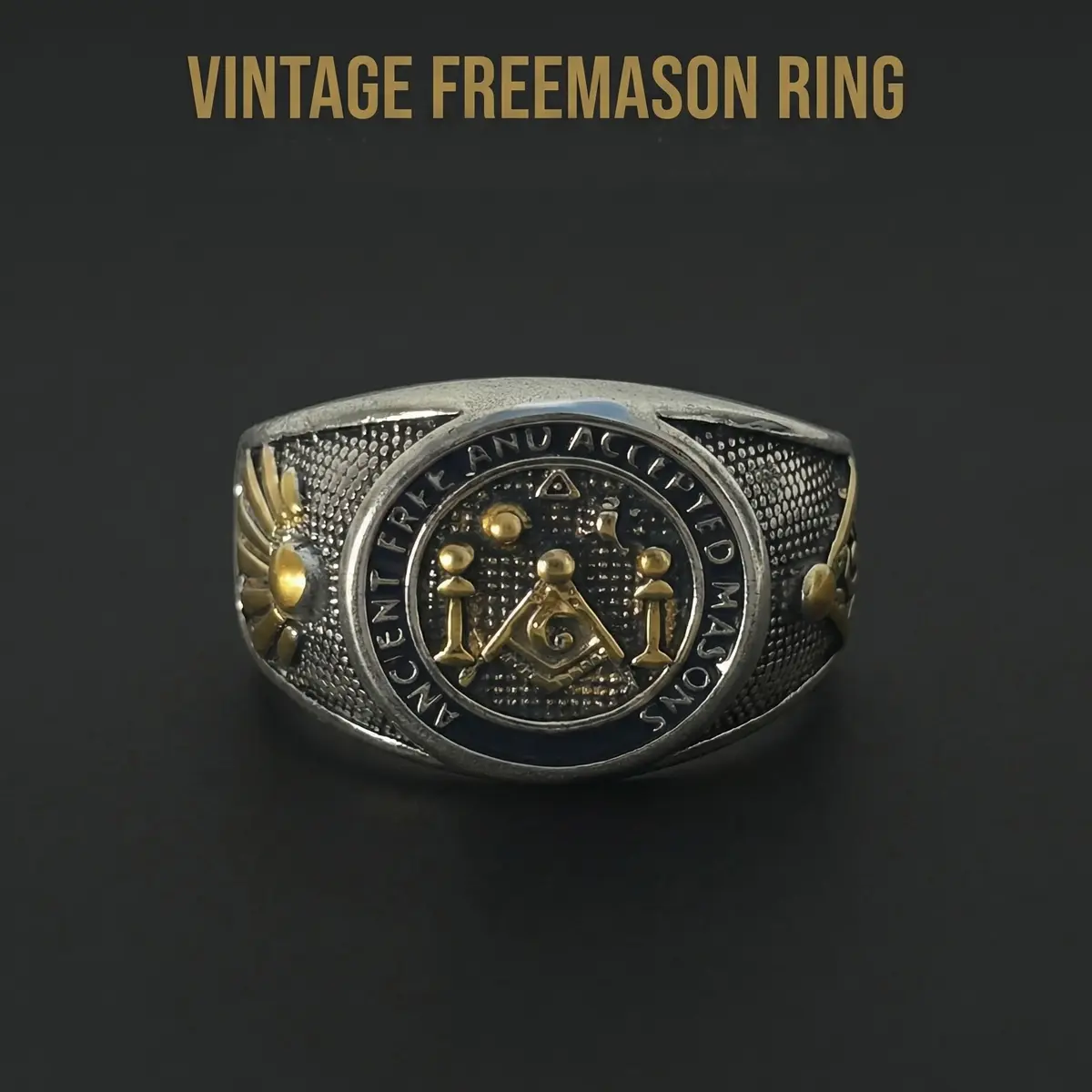 Men's Vintage Freemason Masonic Biker Band Ring - "Free & Accepted Masons" Fashion Costume Jewelry, 19g Weight, 20mm Width Band Rings, Graduation, Thanksgiving, Masonic Engraved, Anniversary, Birthday, Gold, Male, Enamel, Statement Ring