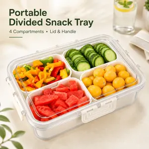 MIUVA Divided Serving Tray with Lid, Snackle Container with 4 Removable Compartments, Airtight Leakproof Food Storage Organizer for Fruits, Veggies, Candy, Nuts, Salad and Meal Prep Portable