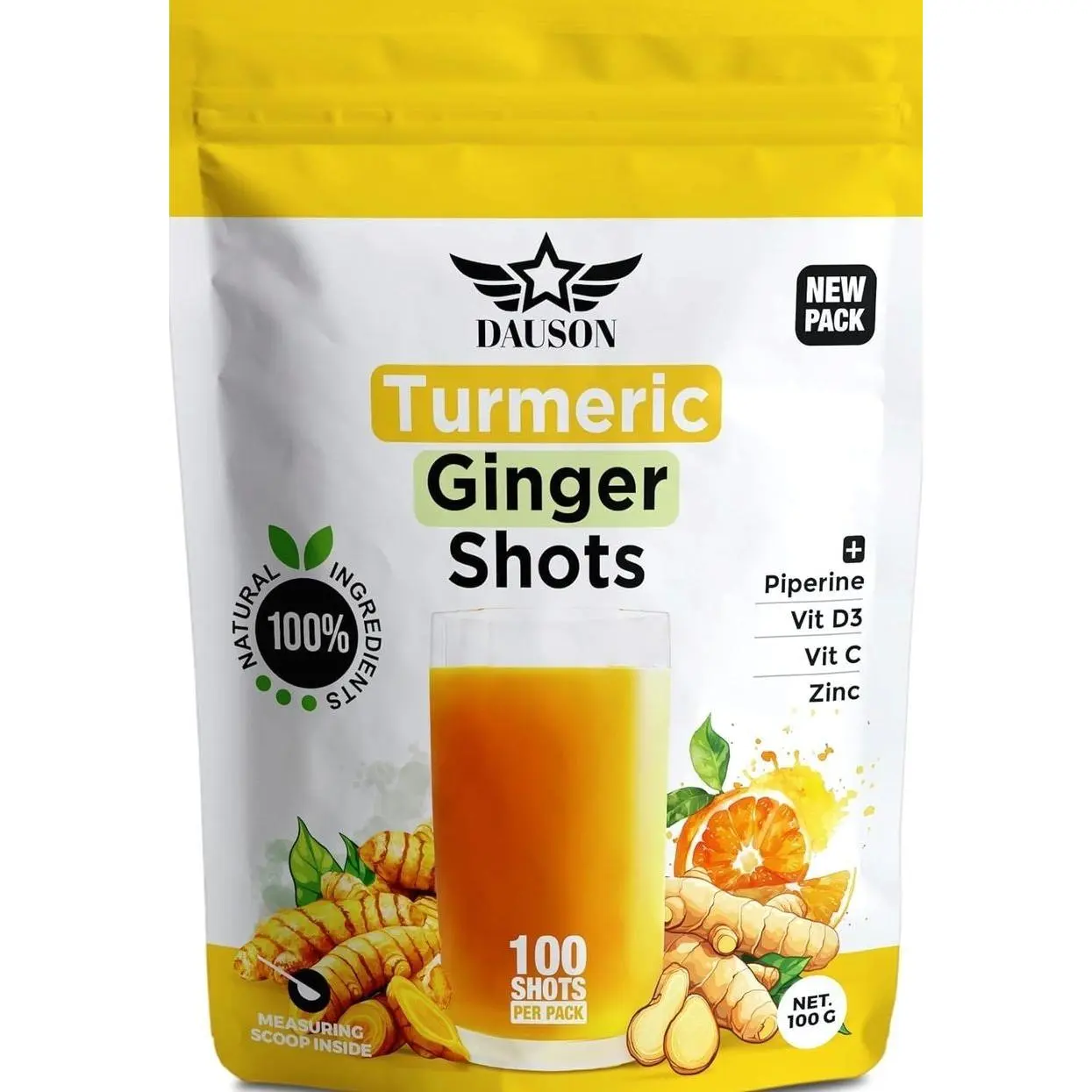 Turmeric Ginger Supplements with Piperine, Vitamin C, Vitamin D3 & Zinc | 100 Servings of Ginger Turmeric Shots for Joint, Heart, Brain, Gut & Skin Health | Ayurved | Powder