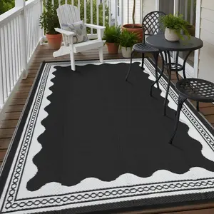 Outdoor Rug 8x10 Patio Waterproof, Reversible Plastic Straw Rugs for Camping, Picnic, Balcony, Porch, RV, Easy-Clean & Quick Dry Scalloped Pattern Large Indoor Outdoor Carpet, Black