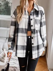 Women's Plaid Shirt Jacket, Vintage American Style, Loose Fit, Pockets & Buttons, Casual Daily Wear, Commuter Layering