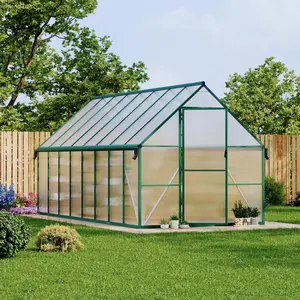 8X16ft Green Polycarbonate Greenhouse with Aluminum Frame, Polycarbonate Greenhouse for Outdoors, Greenhouses with Ventilation and Rain Gutter, Aluminum Large Walk-in Greenhouses for Outside