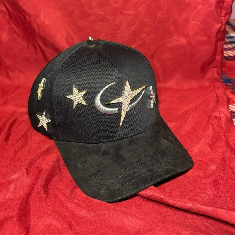 Barba Hats X CT Black Suede Cap with Gold Stars and Crescent Moon Design