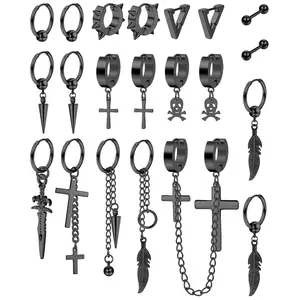 FLORIDECO 21 Pieces Set for Women & Men Flat Pierced Jewelry with Dangle Design Available in Black and Various Metallic Colors Surgical Steel Earrings Stretched Ear Hoops