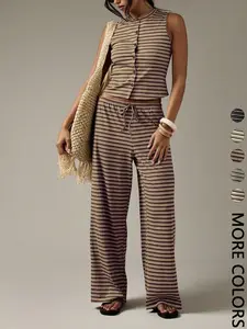 Women's Boho Style Two Piece Casual Button Crop Top and Wide Leg Pants Set, Striped Pattern Loungewear Co Ord, Summer Lounge Sets Beach Vacation Resort Wear, Bohemian, Womenswear