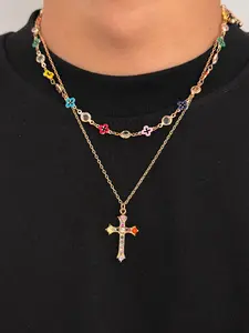 Vintage Metal Cross Pendant Necklace Set, Boho Style Colorful Crystal Jewelry for Women, Perfect Gift for All Seasons